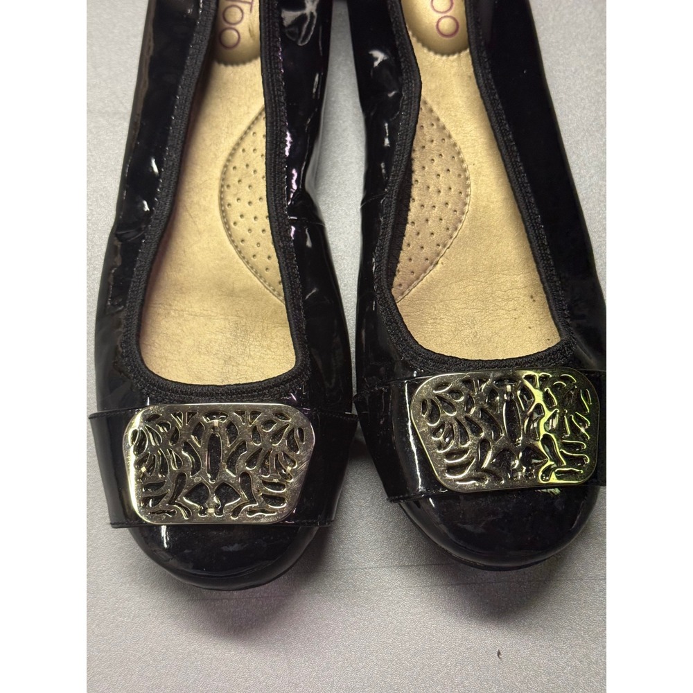 Me Too Album Black Patent Square Toe Ballet Flats Gold Buckle 8.5M - Picture 2 of 8